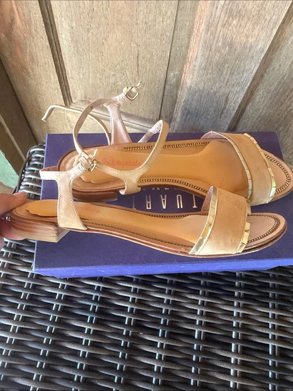 Stuart Weitzman Tan Suede Ankle-Strap Sandals with Gold Trim